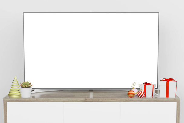 3d візуалізація ілюстрації макет екрану РК-телевізора в сучасному інтер'єрі фону в різдвяній новорічній темі
 - Фото, зображення