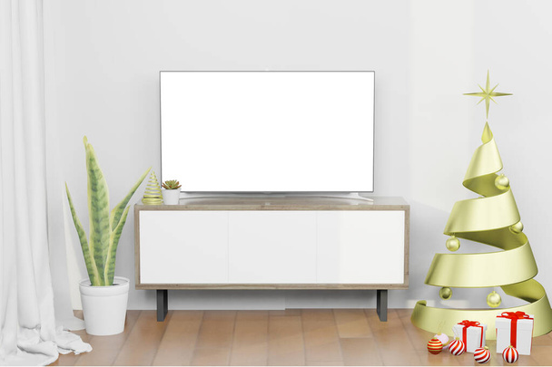3d weergave illustratie van LCD tv-scherm mockup in kerst nieuwjaar thema - Foto, afbeelding