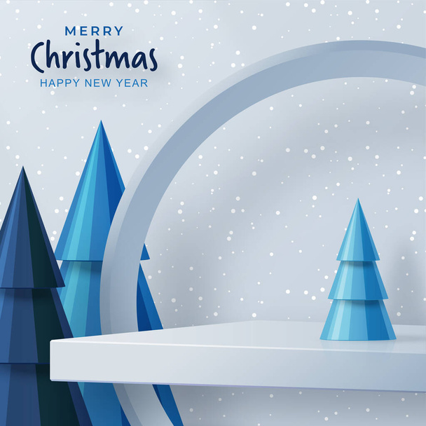 Podium round stage style, για Καλά Χριστούγεννα και ευτυχισμένο το νέο έτος και φεστιβάλ ή φεστιβάλ χαιρετισμού με μπλε χάρτινη κοπή τέχνης και χειροτεχνίας στο backgroung χρώμα με εορταστικά στοιχεία - Διάνυσμα, εικόνα