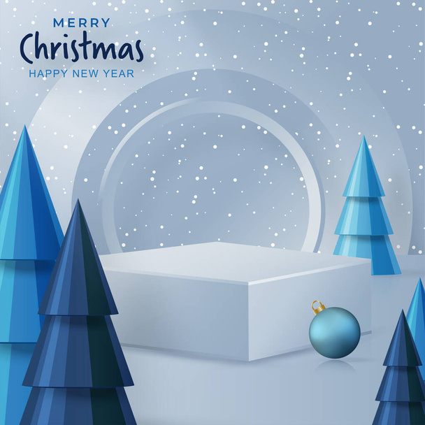 Pódium kerek színpadi stílus, boldog karácsonyt és boldog új évet és fesztiválok vagy üdvözlő fesztivál kék papír vágott művészet és kézműves színes háttér ünnepi elemekkel - Vektor, kép