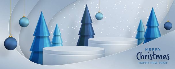 Pódium kerek színpadi stílus, boldog karácsonyt és boldog új évet és fesztiválok vagy üdvözlő fesztivál kék papír vágott művészet és kézműves színes háttér ünnepi elemekkel - Vektor, kép