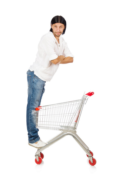 Man shopping with supermarket basket cart isolated on white - Foto, Imagen