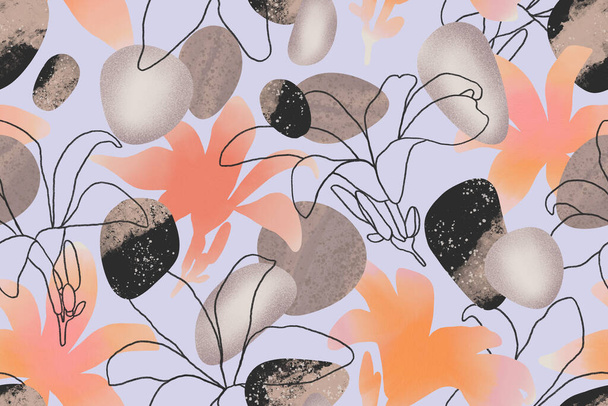 Hand drawn seamless pattern with flowers, watercolor silhouettes and stones. Colorful abstract background in collage style. - Foto, afbeelding