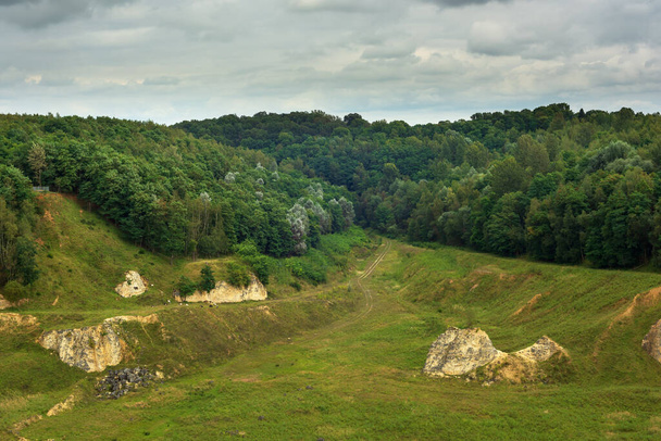 Hohe Aussicht über einen alten Mergelbruch mit Gras und Bäumen mit grasenden Schafen unter bewölktem Himmel. - Foto, Bild