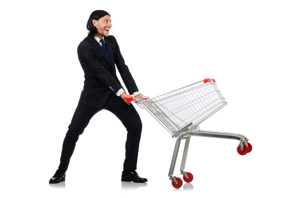 Homme shopping avec panier de supermarché panier isolé sur blanc - Photo, image