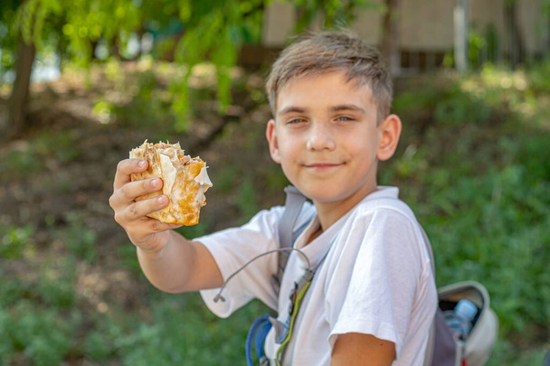 Um menino com uma mochila descansa no parque depois da escola e oferece um sanduíche. - Foto, Imagem