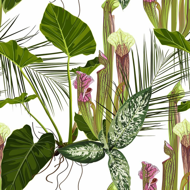 Flores exóticas Sarracenia. Patrón floral sin costuras con flores brillantes verdes y hojas de palma. Patrón tropical sobre fondo blanco.  - Vector, Imagen