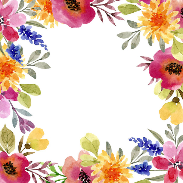 πλαίσιο με λεπτή πολύχρωμα λουλούδια ακουαρέλα, ζωγραφισμένα στο χέρι - Φωτογραφία, εικόνα