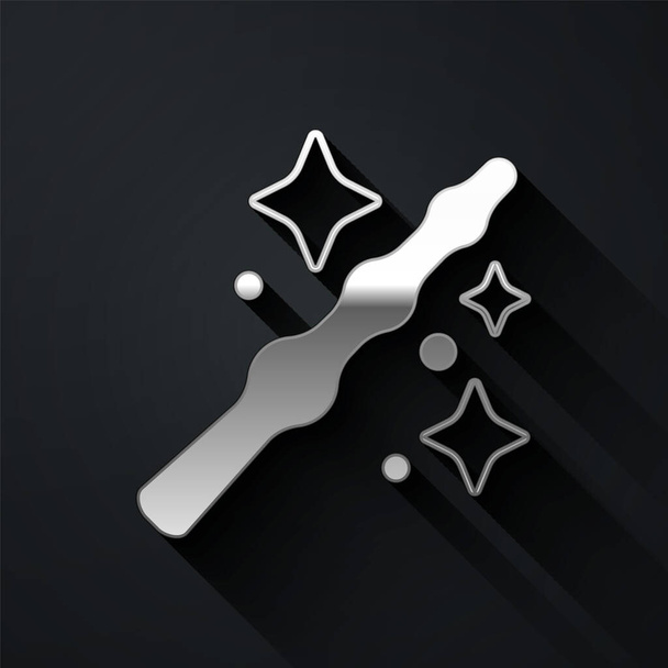 Silver Magic wand icon isolated on black background. Star shape magic accessory. Magical power. Happy Halloween party. Long shadow style. Vector. - Vektor, obrázek