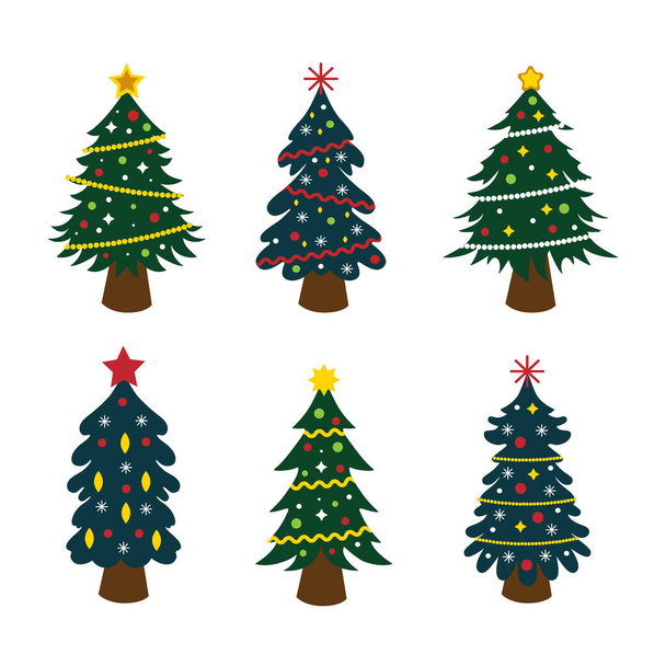 Conjunto de 6 peças de árvores de Natal decoradas sobre fundo branco - ilustração vetorial - Vetor, Imagem