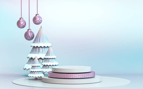 albero di Natale invernale allegro con display a podio di lusso per la presentazione del prodotto. rendering 3d - Foto, immagini