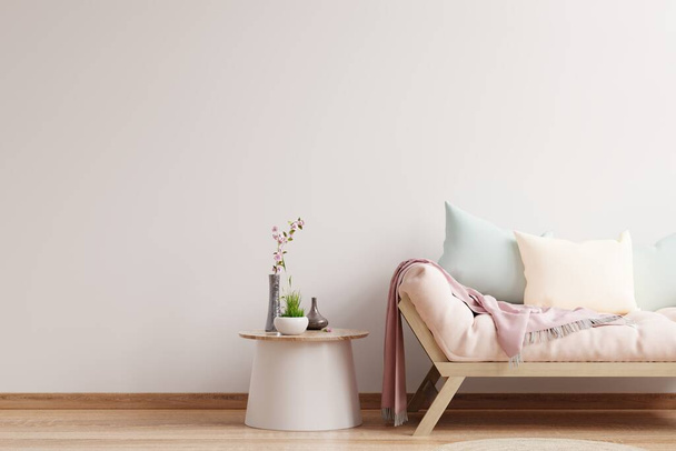 Üres világos fehér fal háttér, van egy nappali kanapéval. 3D-s renderelés - Fotó, kép