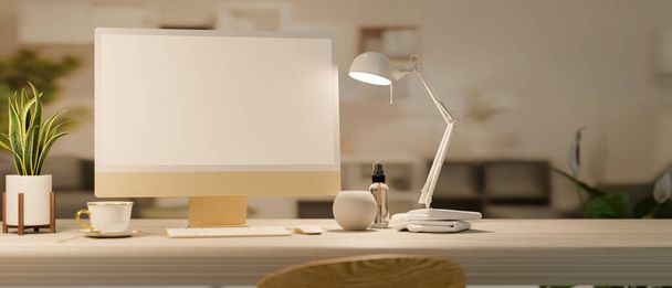 Minimalista moderno espacio de trabajo en casa con ordenador PC en la pantalla blanca maqueta debajo de la lámpara de mesa y la decoración en la mesa. representación 3d, ilustración 3d - Foto, imagen