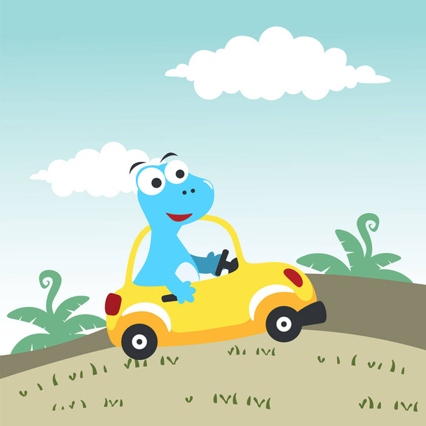 Cute little dinosaur driving a car go to forest funny animal cartoon. Creative vector childish background for fabric, textile, nursery wallpaper, poster, card, brochure. and other decoration. - Vector, Imagen