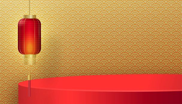 Podium στρογγυλό στάδιο κινέζικο στυλ για κινέζικο νέο έτος και φεστιβάλ ή μέσα φθινοπώρου festivalwith red papar cut art and craft on color backgroung with asian elements. - Διάνυσμα, εικόνα