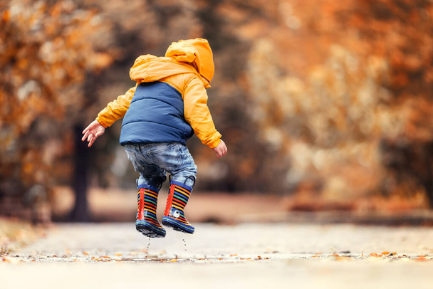Щасливий маленький хлопчик стрибає на дощовій калюжі в осінньому парку
  - Фото, зображення