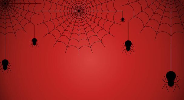 Araña negra colgando de Cobweb sobre fondo rojo con espacio de copia. Concepto de Halloween. Diseño de banner, póster, sitio web, encabezado, fondo de pantalla. Ilustración vectorial - Vector, imagen