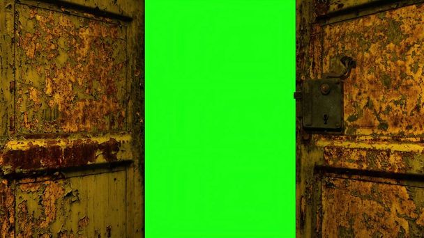 Ilustracja 3D - drewniane drzwi otwierające się na zielony ekran - Zdjęcie, obraz