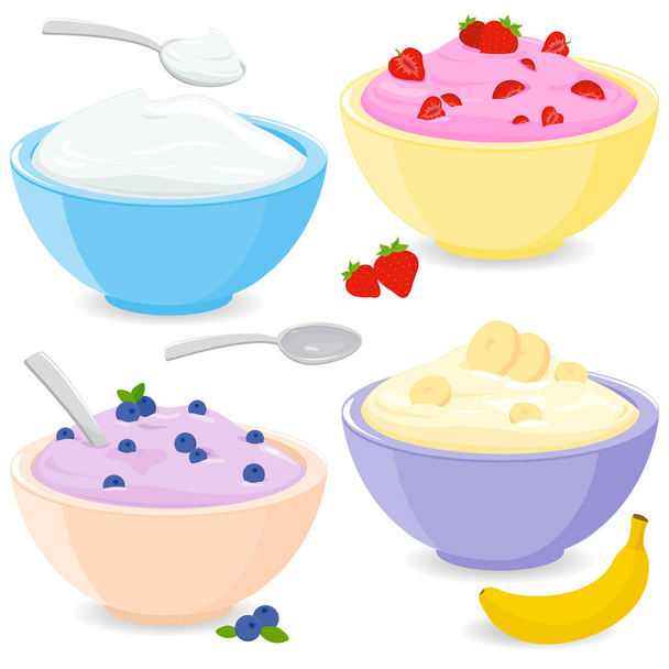 Bowls with fruit yogurt or cream. Vector illustration - Vector, Imagen