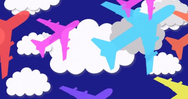 Animation von bunten Flugzeugen über Wolken. Umwelt, Nachhaltigkeit, Ökologie, erneuerbare Energien, globale Erwärmung und Bewusstsein für den Klimawandel. - Filmmaterial, Video