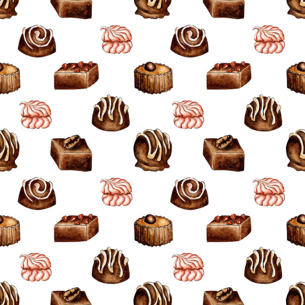 Aquarel patroon illustraties van chocolade en marshmallows. Naadloze herhalende snoepjes print. Ontwerp voor de feestdagen. Geïsoleerd over witte achtergrond. Met de hand getekend. - Vector, afbeelding