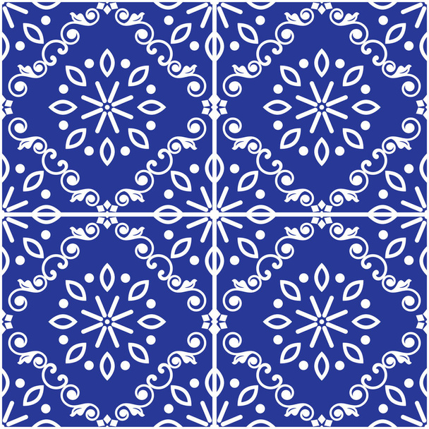 Lisbon style Azulejo tile seamless vector white on navy blue pattern, elegant decorative design inspired by art from Portugal with floral and geometric motif - Vektor, Bild