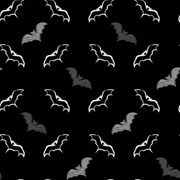 Halloween Vektor nahtloser Hintergrund. Wiederholtes Muster mit handgezeichneten Flughunden auf schwarzem Hintergrund. Fertig zum Bedrucken von Textilien, Textilien, Bettdecken und anderen nahtlosen Oberflächen. Textur Grunge-Stil. - Vektor, Bild