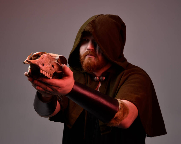  portrait of red haired man wearing medieval viking inspired fantasy costume with hooded cloak and face paint, holding a  sheep skull in pagan ritual,  studio background with silhouette rim lighting. - Photo, Image