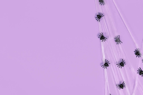 Spider webs and plastic spiders on side of violet Halloween background with copy space - Valokuva, kuva