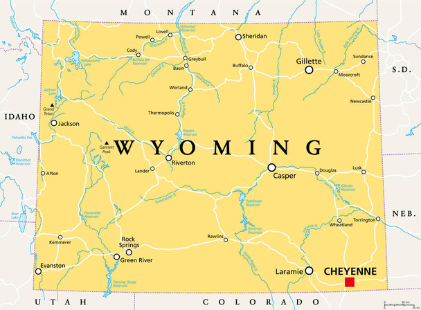 Wyoming, WY, mapa político, com a capital Cheyenne. State in the Mountain West subregion of the Western United States of America, nicknamed Equality State, Cowboy State and Big Wyoming. Vetor. - Vetor, Imagem