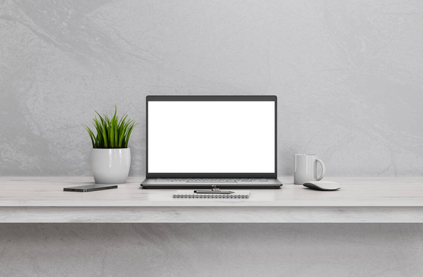 Laptop PC with blank screen on white wooden table in minimalistic home interior - mockup template - Fotoğraf, Görsel