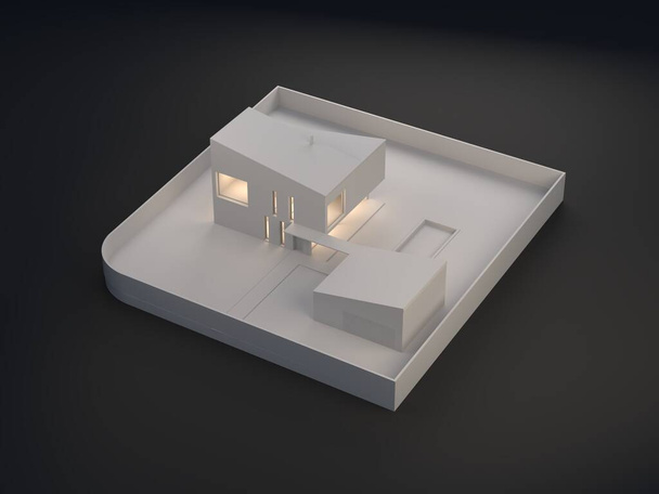 Lakóépület 3D-s renderelése. Építészeti modell belső ligth fehér színekkel és fekete háttérrel. Modern design skandináv ház fénymásoló hellyel. A ház projektmodellje.  - Fotó, kép