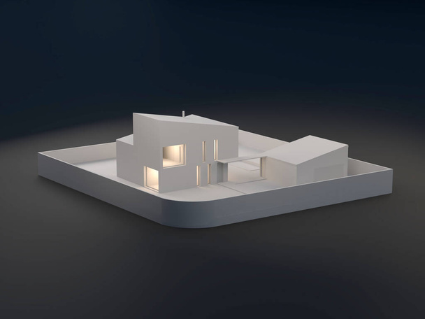 3D-Rendering von Wohngebäuden. Ein architektonisches Modell mit Innenbeleuchtung in weißen Farben und schwarzem Hintergrund. Modernes Design skandinavisches Haus mit Kopierraum. Projektmodell eines Hauses.  - Foto, Bild