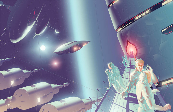 SciFi vector illustration of space tourism on a space colony in double stars system. - Vector, Image
