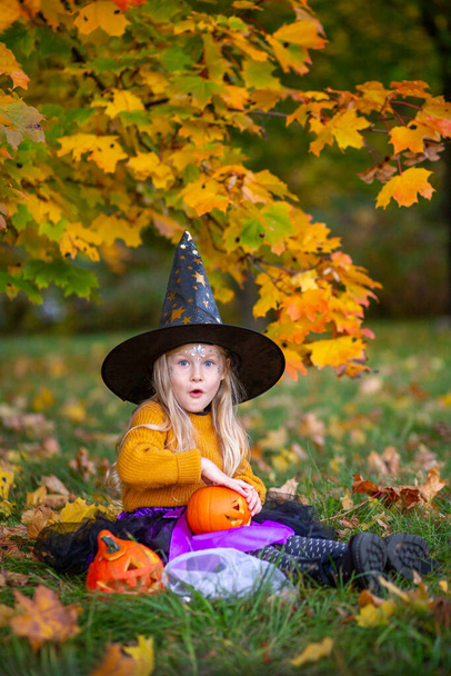 5 year old girl dressed as a witch with a pumpkin, child's joy, Halloween costumes, mysterious mood - 写真・画像