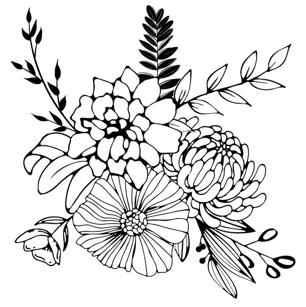 One black outline flower, branch and leaves.Isolated on white background.Hand drawn.For floral design, cosmetic products,greeting card,invitations,coloring book. Vector stock illustration. - Vector, Imagen