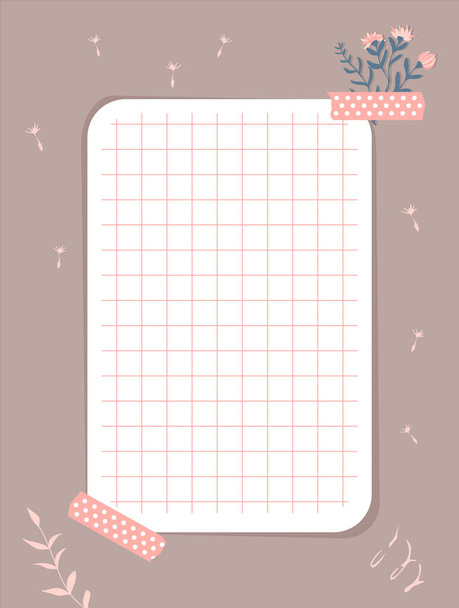 A sheet of checkered paper taped to wall with pink duct tape. Note paper, flowers, plant outlines on a dark pink background. Vector illustration, flat style. - Vector, Imagen