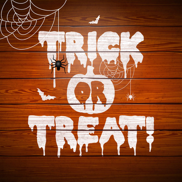 Trick or Treat Halloween Illustration with Spooky Pumpkin Sihouette, Flying Bats and Spider on Vintage Wood Background. Vector Holiday Design Template with Typography Lettering for Greeting Card - Vettoriali, immagini
