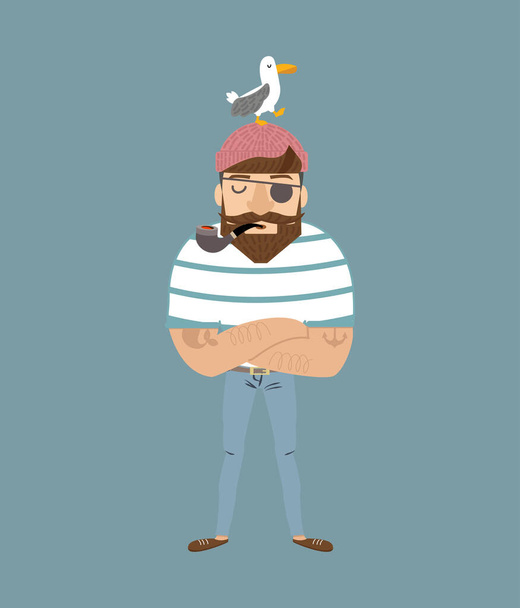 man wearing sailor hat with a pipe cartoon - Vector, Image