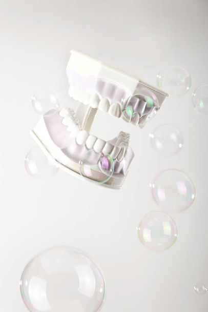 Modelo de mandíbulas com dentes brancos entre bolhas de sabão no fundo leve. - Foto, Imagem