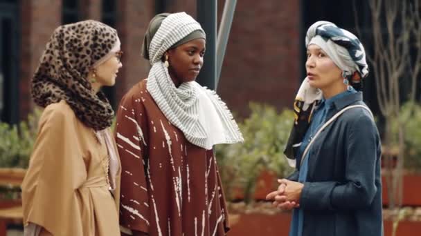 Média de três jovens e maduras multiétnicas amigas vestindo hijabs e turbante, de pé no parque, conversando no dia ventoso - Filmagem, Vídeo