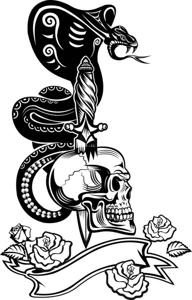 Totenkopf mit Schlangentätowierung Kobra und Dolch - Vektor, Bild