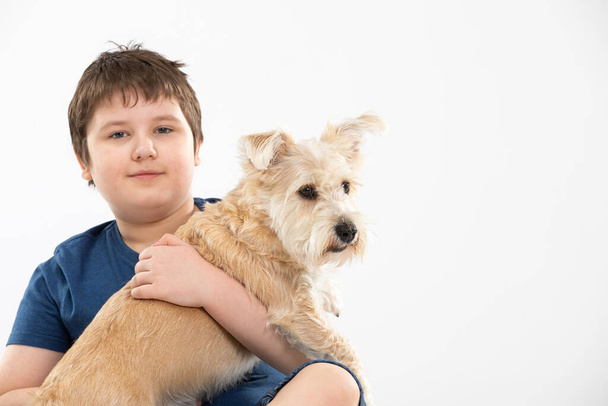 Young boy holds his dog in his arms. Subject isolated from the background. - Zdjęcie, obraz
