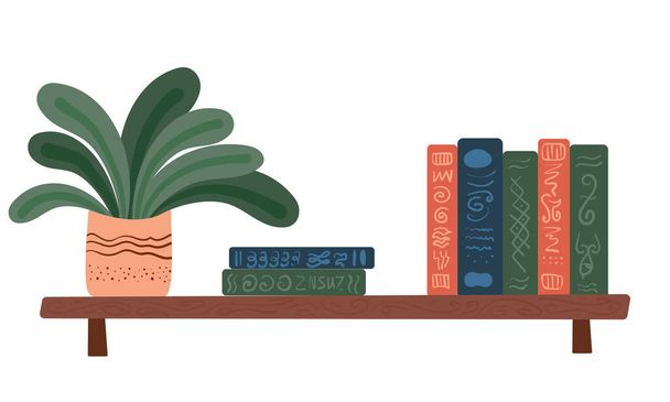 Bücherregal mit Büchern und Topfpflanzen - Vektor, Bild
