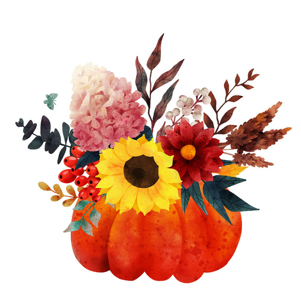 Fall bouquet in pumpkin vase, hand drawn vector - Vector, imagen