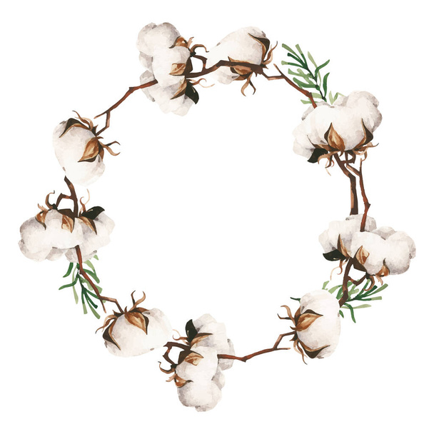  Cotton flowers and green leaves branches wreath.  - ベクター画像