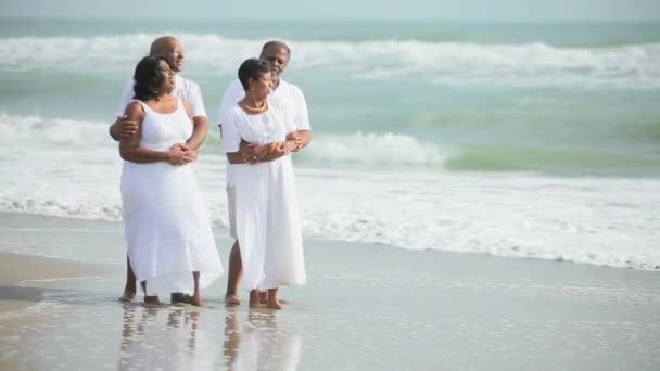 senior ethnic couples enjoying time on beach - Footage, Video