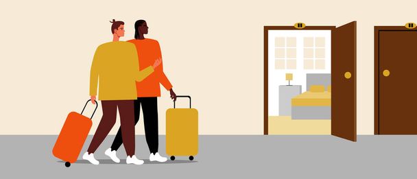 LGBTQ hostel, coppia con bagagli, Flat vector stock illustration with check-in in hostel or dorm, LGBTQ family room - Vettoriali, immagini