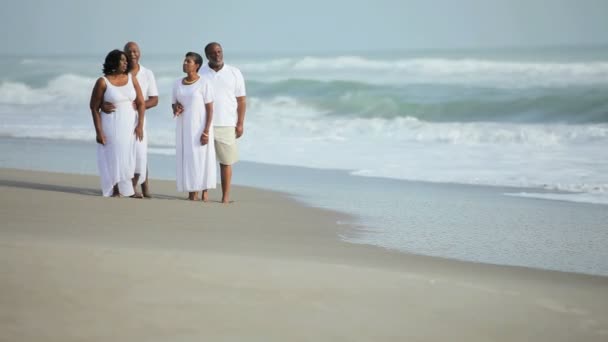 Senioren ethnische Paare genießen die Zeit am Strand - Filmmaterial, Video