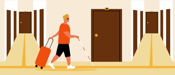 Personas con discapacidad en el hotel, servicio incluido para ciegos, ilustración de stock de vector plano con check-in en el albergue o dormitorio de personas con discapacidad visual con un bastón - Vector, Imagen